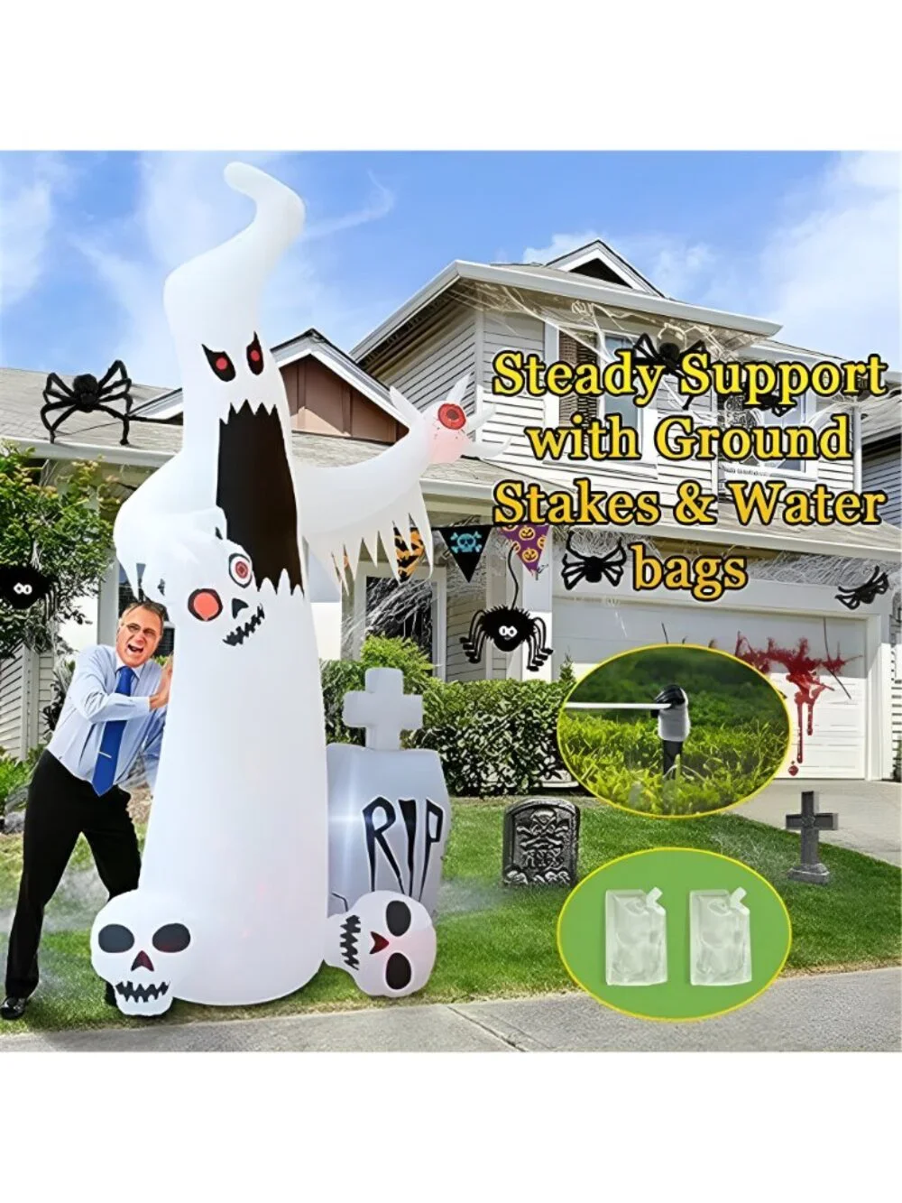 12 FT Halloween Inflatables Outdoor Decorations Ghost with 3 Skulls